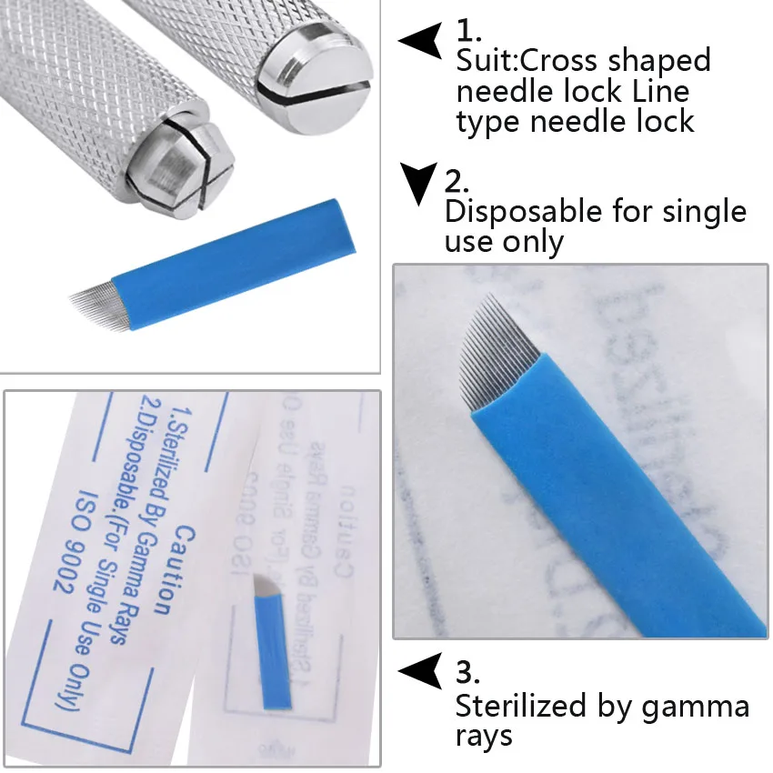 

50 шт. синие ламинаты микроблейдинг Tebori 21 пин Иглы для татуировки лезвие для перманентного макияжа для 3D вышивки бровей ручка для татуировки