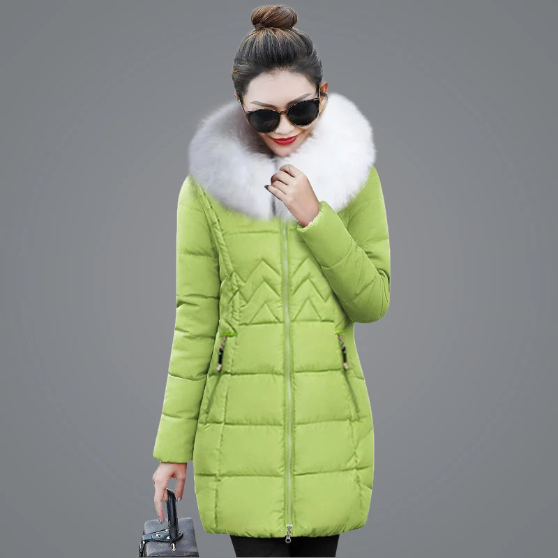 light green 2 Зимняя женская куртка, новинка, модная Большая Меховая хлопковая стеганая куртка с капюшоном, женская тонкая парка, Женская Стеганая куртка, зимнее пальто для женщин - Цвет: light green 2