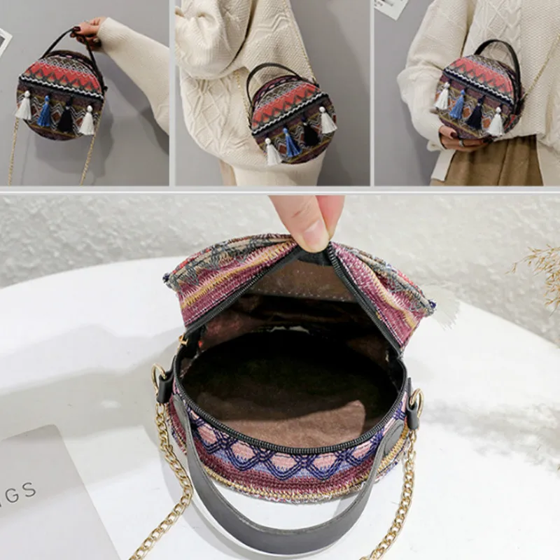 Boho национальная круговая Маленькая женская сумка через плечо, стеганая сумка-кошелек с цепочкой на ремне, праздничная дорожная сумка