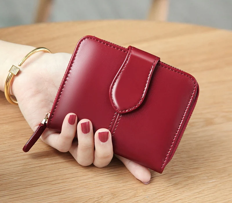 Burgundy Женский кошелек, кошелек для денег, женский кожаный короткий кошелек, люксовый бренд, на молнии, кошелек для монет, женский, Воловья кожа, маленькие кошельки - Цвет: Burgundy