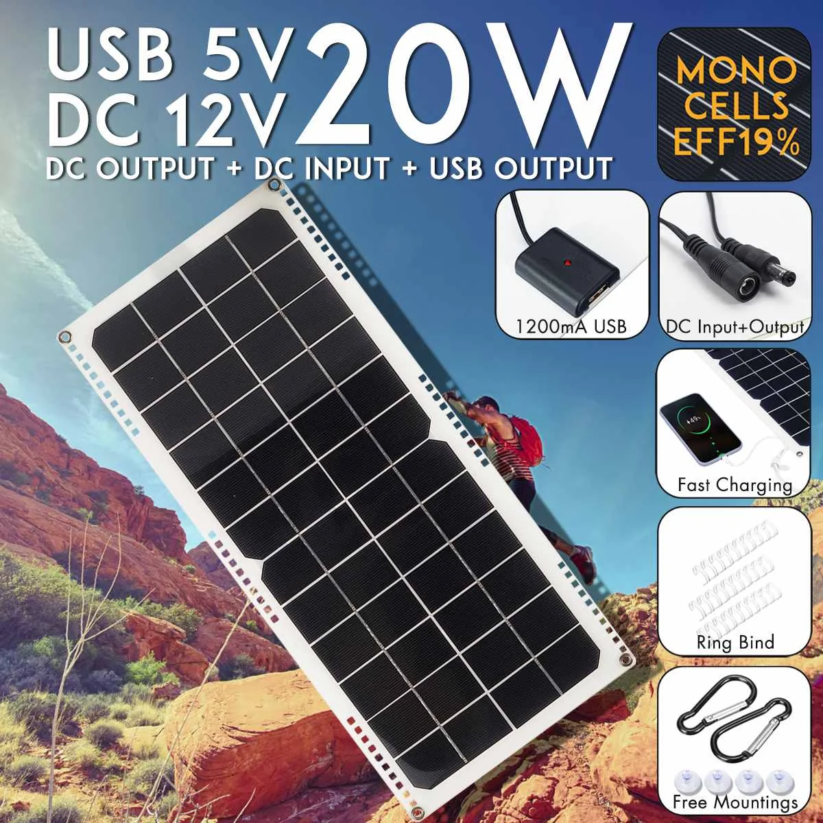 LEORY 14 V 20 W 1.5A Водонепроницаемая Солнечная батарея с usb-разъемом монокристаллическая солнечная панель с автомобильным зарядным устройством для наружного кемпинга аварийный свет