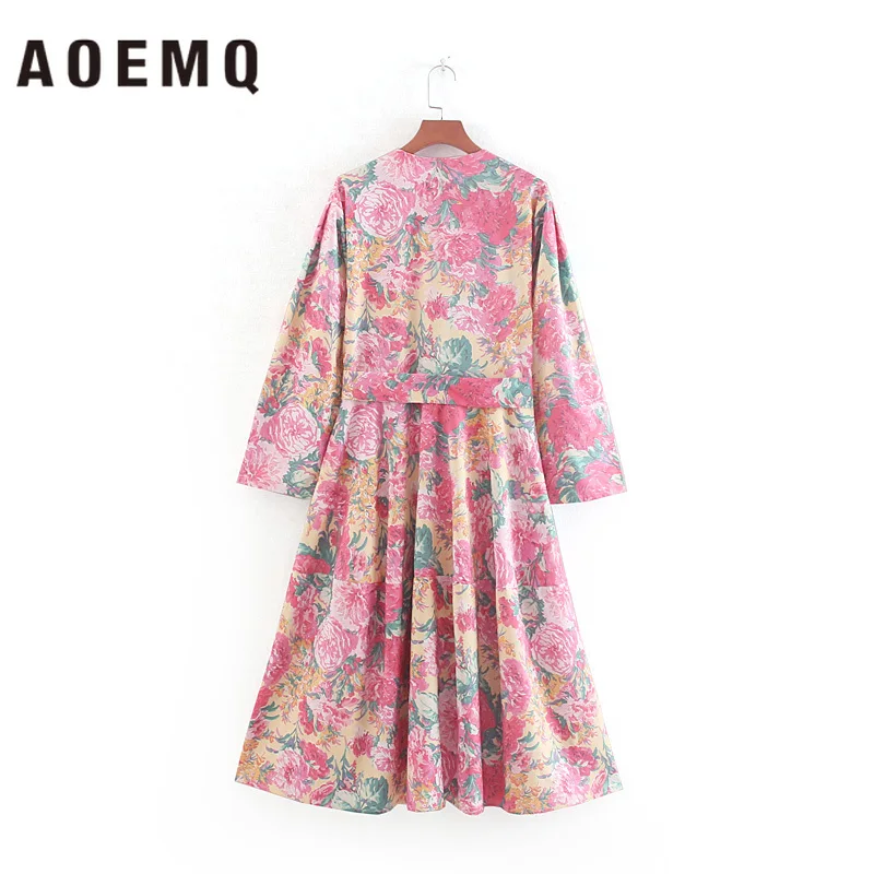 AOEMQ Fashion Dress Sex Deep V-Neck Maxi Vintage Beach Flower Floral Print Night Gown Sleepwear for Women Clothing | Женская одежда