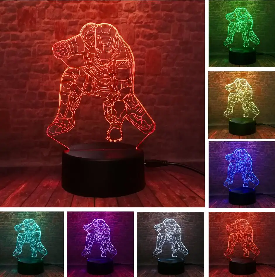 Iron Man Marvel& DC Legends, 3D фигурка Бэтмена, Супермена, Железного человека, Человека-паука, экшн-героя, 7 цветов, меняющиеся вентиляторы для мальчиков, подарки на день рождения, Рождество - Испускаемый цвет: Iron Man