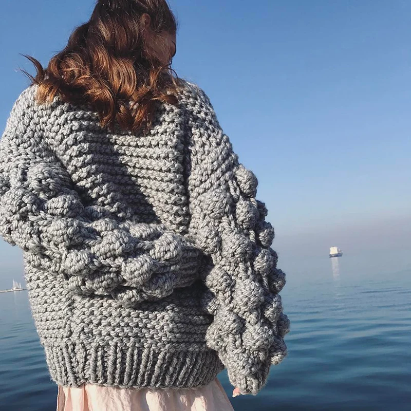 Зима Весна для женщин модные длинные фонари рукавом Вязание женский свитер