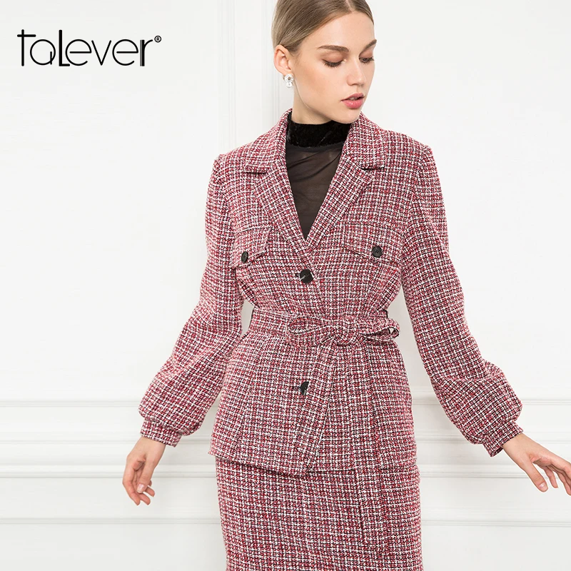 2018 Women Fashion Warm Coat Autumn Winter Tweed Casual Plaid Jacket Outerwear Female Turn-down Collar Slim Sashes Coats Talever | Женская
