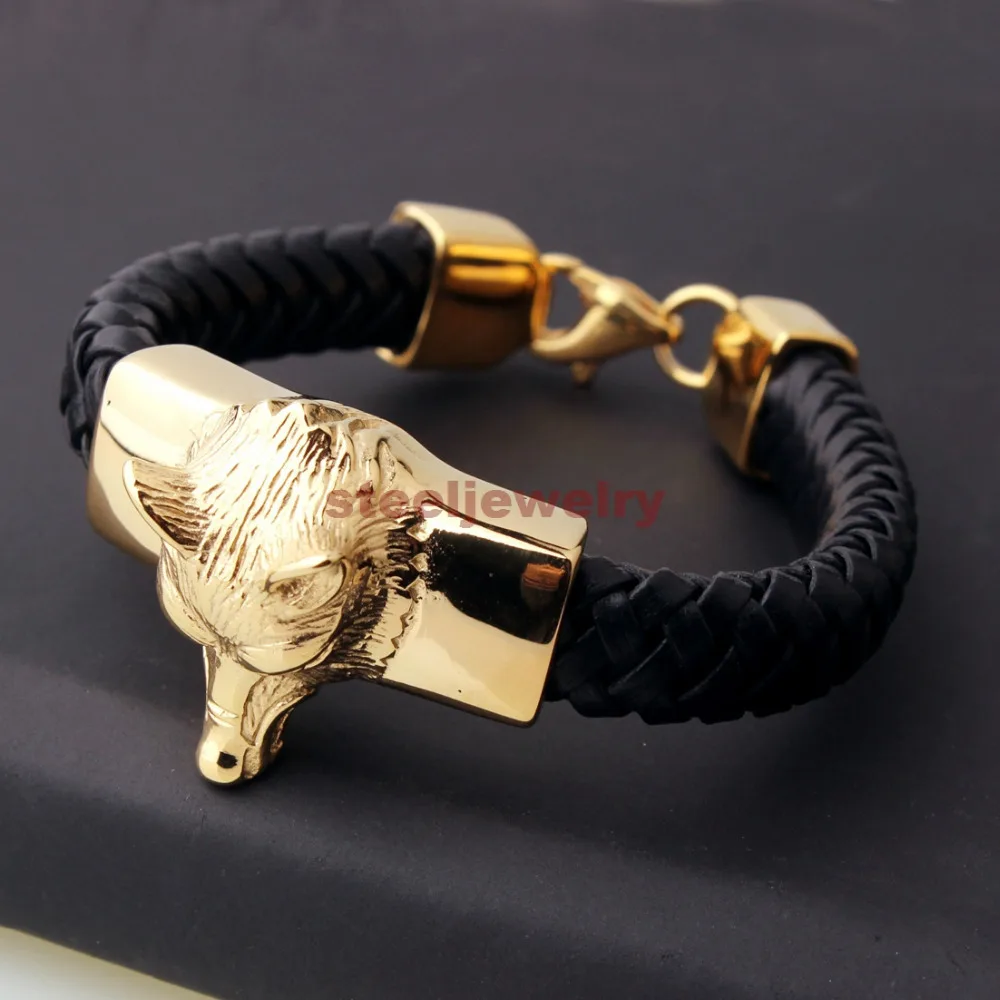 New Cool Men's Silver/Gold Stainless Steel Wolf Braided Black Genuine Leather Bracelet 8.26&quot15mm | Украшения и аксессуары