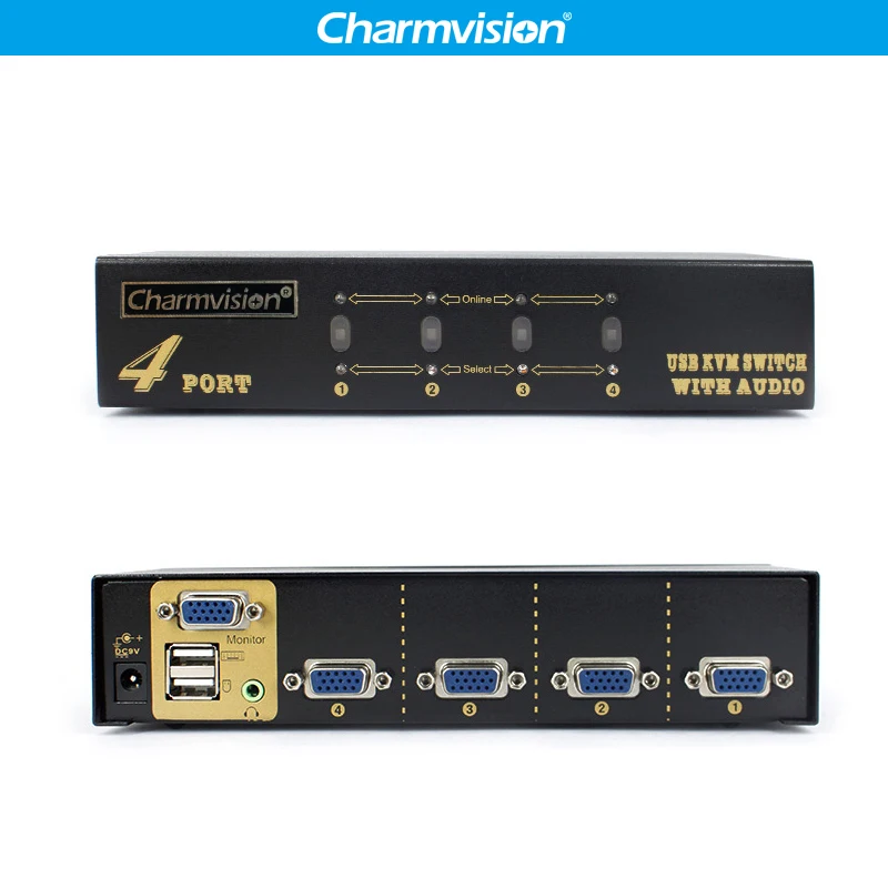 

Charmvision VK401A 4 into 1 Desktop Automatically 4 Posts KVM Audio Switcher Hotkey with HDDB VGA 2 USB Keyboard Mouse Switches
