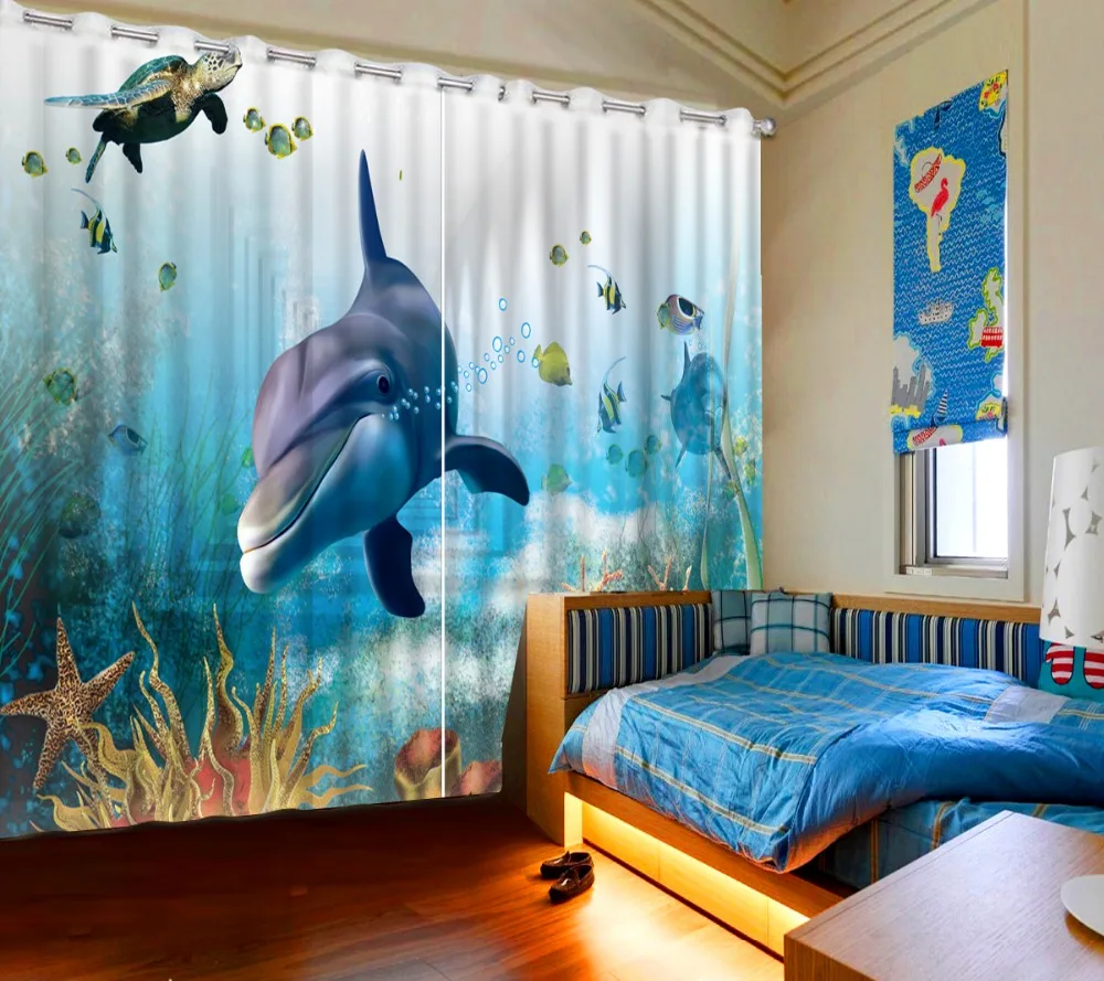 Фото шторы гостиная окно Океан Дельфин светонепроницаемые для спальни римские