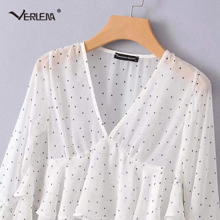 Verlena 2018 шифоновая блузка в горошек двухслойная белая рубашка с длинными рукавами