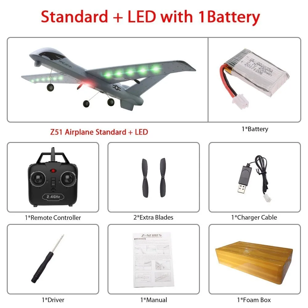 Led 1B foam box Летающая модель планеров RC самолет 2,4G 2CH Predator Z51 пульт дистанционного управления RC самолет размах крыльев пена ручная метательная игрушка-планер самолеты - Цвет: Led 1B foam box