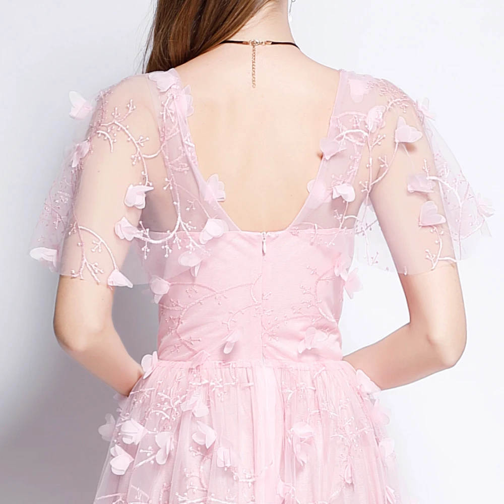 B0009 nuevo vestido de baile de graduación Formal de tul rosa con aplicaciones cortas, vestidos sin espalda con cuello en V y línea a mini