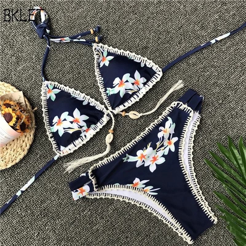 

Sexy Split Swimsuit 2018 Ladies Hand Knitting Crochet Shell Bikini Sets Swimwear Women Navy Flower Printed Low Waist Beachwear