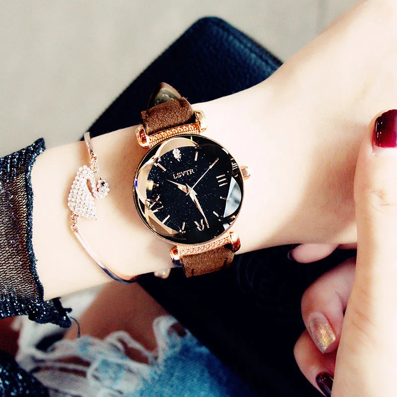 Лучшие женские наручные часы Reloj Mujer роскошные розовые золотые сетчатые браслеты с магнитной пряжкой звездное небо женские часы-браслет montre femme - Цвет: Coffee Leather