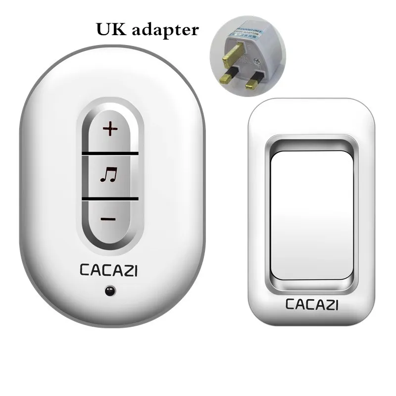 Silver 1x1 UK Умный беспроводной дверной звонок CACAZI, водонепроницаемый, пульт дистанционного управления 280 м, штепсельная вилка стандарта США, ЕС, Великобритании, 1 Батарейная кнопка, 1 приемник, домашний беспроводной дверной Звонок - Цвет: Silver 1x1 UK