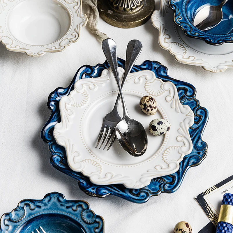 

European Retro Ceramic Plates Tableware Dinner Plate Ceramic Embossed Pattern Porcelain Home Dessert Cake Steak Plate