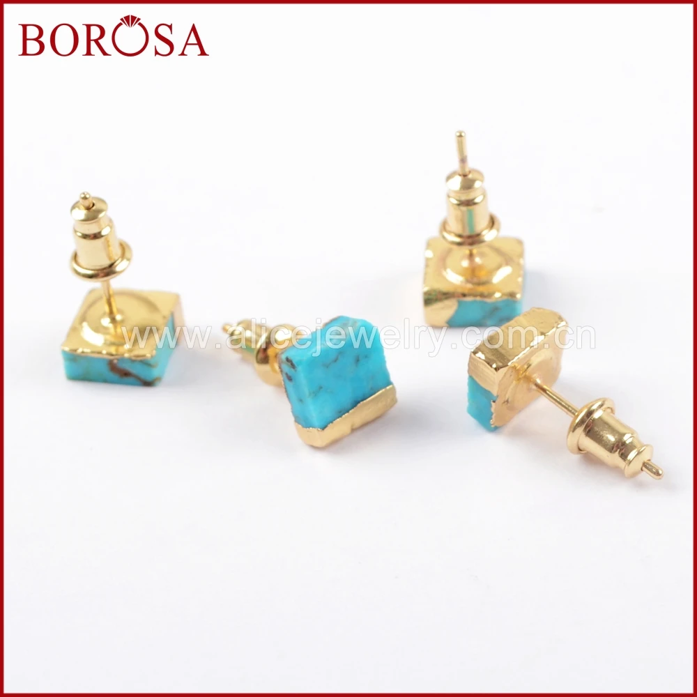 

BOROSA 5/10Pairs Fashion Gold Color 7mm Square Natural Turquoises Stud Earrings Natural Blue Stone Earrings Druzy Jewelry G1647