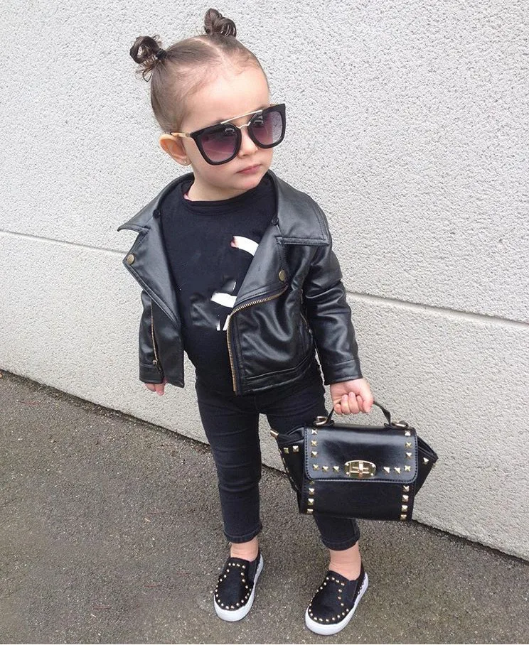 Brand baby girl jackets and outerwear sprng autumn new Pu leather jackets black fashion coats for children 2-7Y WS46