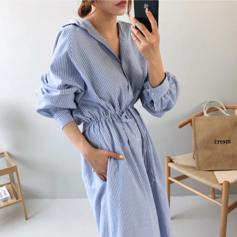 LANMREM 2020 Summer New Fashion Temperament Women Loose Plus Casual Stripes Over The Knee Tie Bow Dress TC204 | Женская одежда