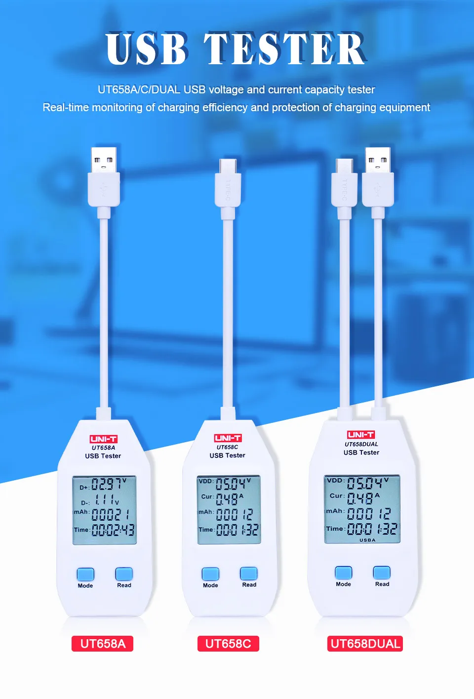 UNI-T UT658 серия USB измеритель мощности и тестер USB-A и USB-C цифровой измеритель напряжения/тока/емкости/энергии/сопротивления