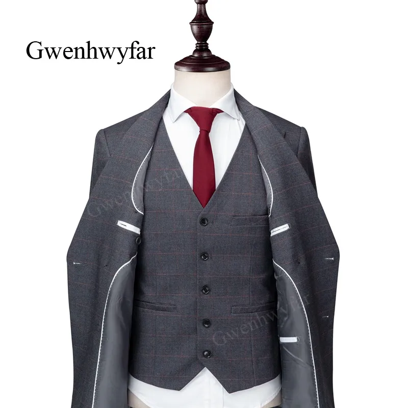 Gwenhwyfar 2018 осенне зимний новый двубортный мужской костюм серый клетчатый