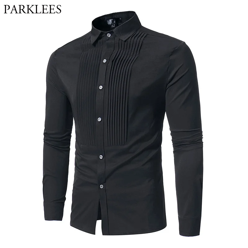 

Mens Pleat Black Tuxedo Dress Shirts 2018 Autumn New Slim Fit Long Sleeve Chemise Homme Wedding Dinner Party Banquet Shirt Men