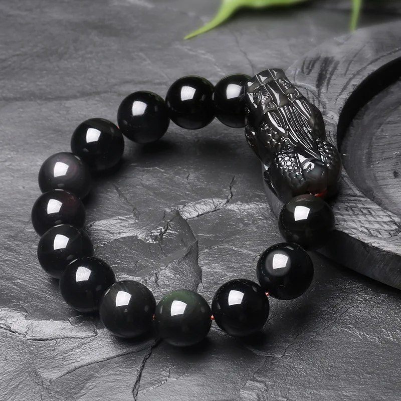 

Drop Shipping Men Pixiu Bracelets Bangles Natural Ice Colored obsidian Pixiu Bracelets Gift for Men Fashion Jades Stone Jewerly