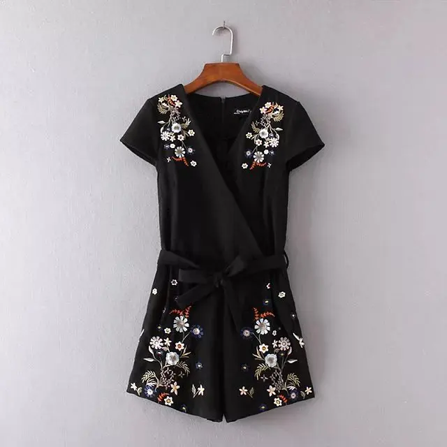 Summer New European Jacquard V Neck Jumpsuit Fashion Floral Embroidery Combinaison Short Femme Dfp8220 | Женская одежда