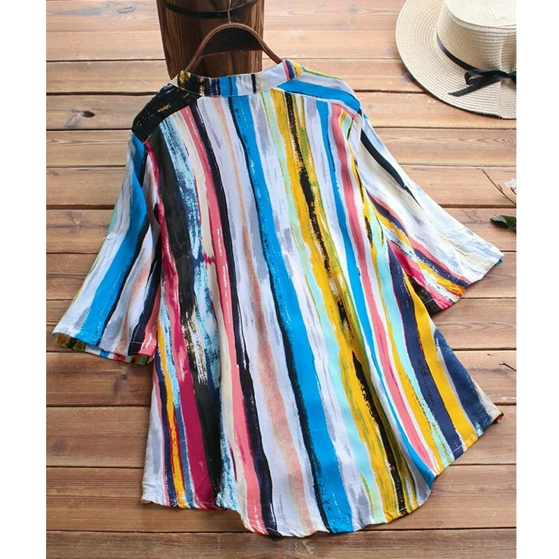 

Newest Womens Summer V Neck Striped Blouses Colorful Loose Baggy Shirts Plus Size Female Lady Casual Blouses Shirt Femme 2019