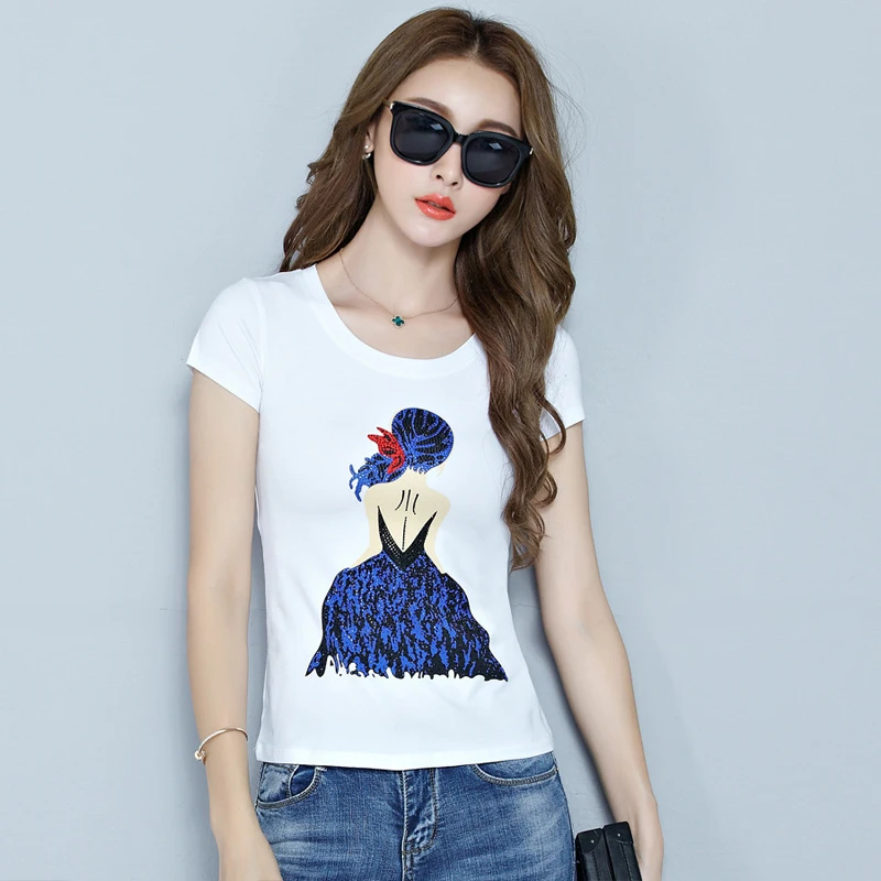 iZevus Summer Short Sleeve Rhinestone Printed Tee Sexy Girls Round Neck Fashion Cotton T-shirt Graphic Tops Shirt | Женская одежда