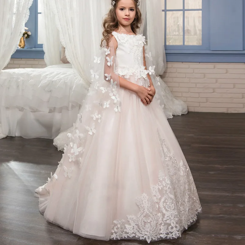 

First Communion Dresses For Girls 2017 Trailing Pink Tulle Lace Tutu Baby Flower Girl Dresses For weddings Pageant Dress