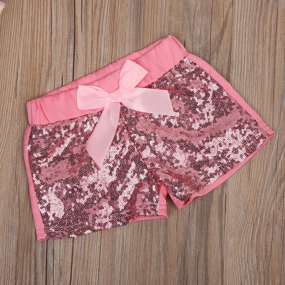 Детские блестящие шорты с бантом Pudcoco розовые блестками на лето 2019 | Мать и