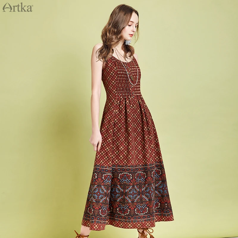 Женское винтажное платье ARTKA длинное льняное на тонких бретельках с принтом в