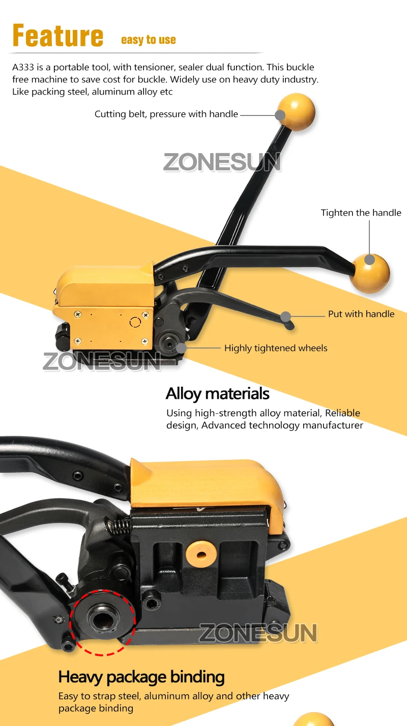 ZONESUN A333 Руководство Sealless сталь обвязки инструменты для ремень Сталь s ширина от 13 до 19 мм