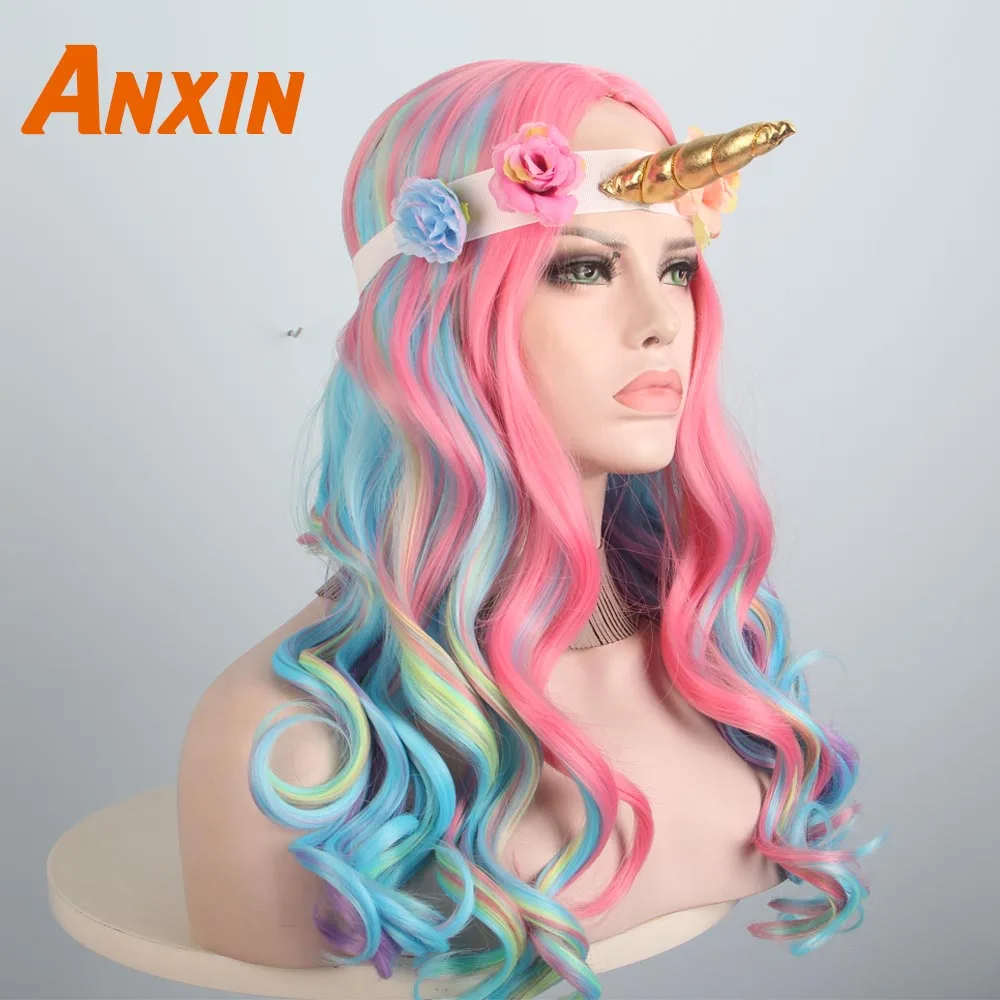 WigE And Free ACC Anxin милые длинные волнистые красочные парики с цветком Bwoknot аксессуары вечерние аниме термостойкие синтетические парики для женщин девушек - Цвет: WigE And Free ACC