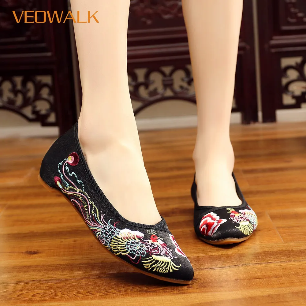 Балетки Veowalk женские с вышивкой китайского Феникса шелковые хлопковые