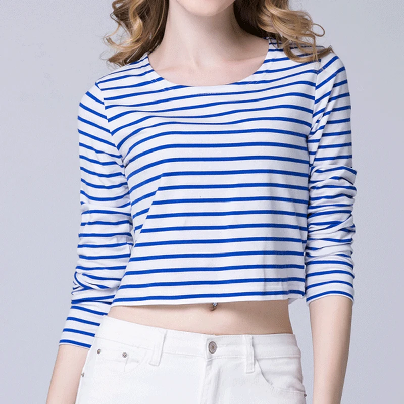 2017 С Длинным рукавом Хлопок Полосатый Растениеводство топ Женщины футболка