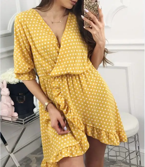 2018 Women Summer Casual Polka Dot Mini Dress V-neck Short Sleeve Ruffle A-line Beach Party Vestidos Female HD0275 | Женская одежда