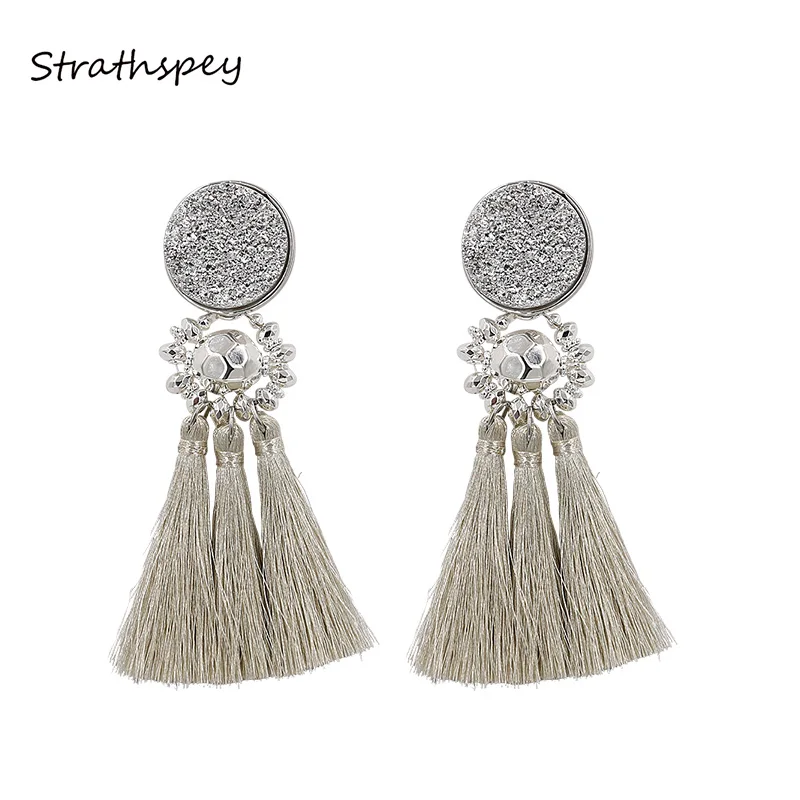 

STRATHSPEY Resin Beads Tassel Earrings For Women Vintage Druzy Fringe Earring Long earrings Handmade Jewelry 2019