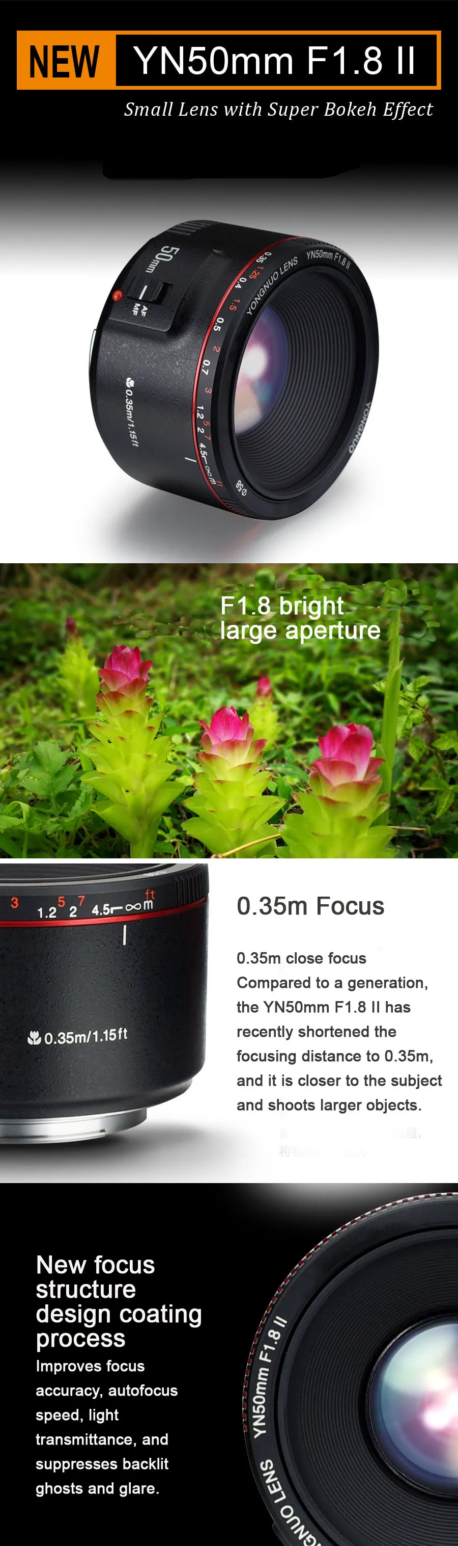 YONGNUO YN50mm F1.8 II большая апертура Авто фокусная линза для Canon боке эффект Объективы фотоаппаратов EOS 70D 5D2 5D3 600D DSLR