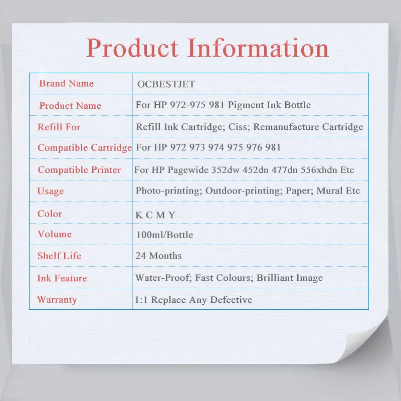 400 мл для HP 972 973 974 975 976 981 пигментная чернильная бутылка Pagewide 352dw 377dw 452dw 477dw 552dw 577dw