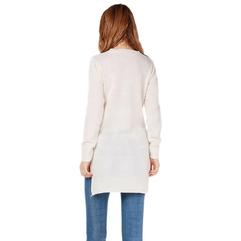 Женский вязаный свитер Белый пуловер с длинным рукавом разрезом по бокам