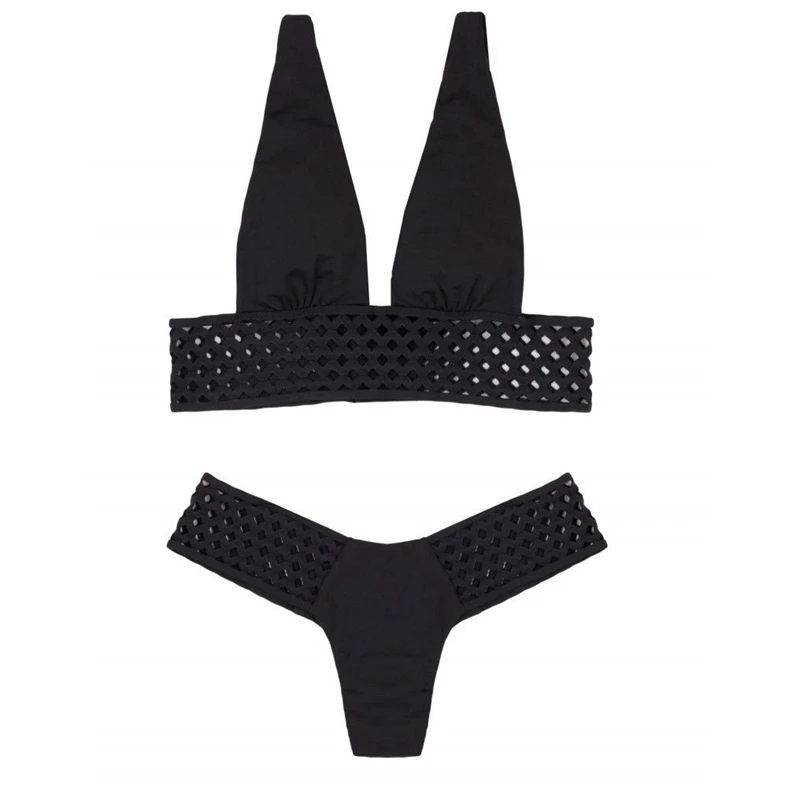 2018 US Stock Women Mesh Push-up Padded Bandage Hollow Out Black Bikini Set Swimsuit Two-Piece Suits | Спорт и развлечения