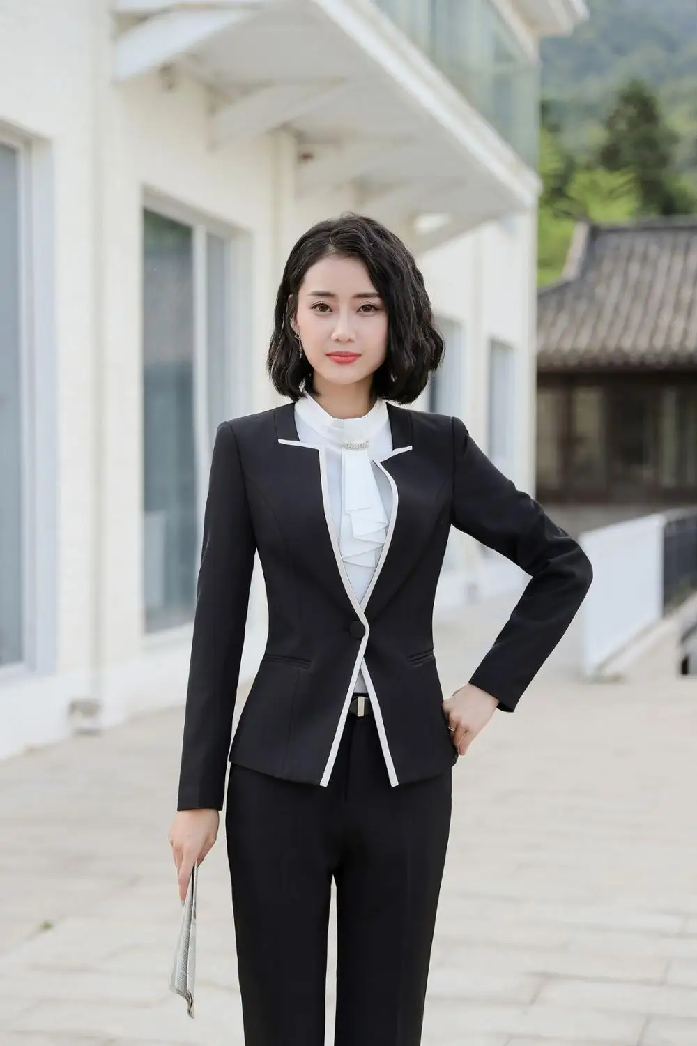 black top and pant IZICFLY формальный женский костюм с брючным форменным дизайном для женщин блейзер Femenino элегантный тонкий деловой брючный костюм офисная одежда - Цвет: black top and pant