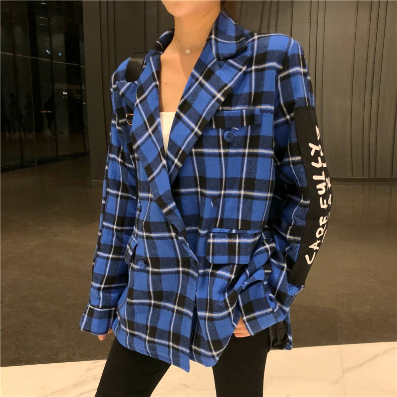 Cheerart клетчатый Блейзер женские блейзеры и куртки пальто шикарный корейский Повседневный Блейзер Синий Красный Белый патч Женский блейзер одежда