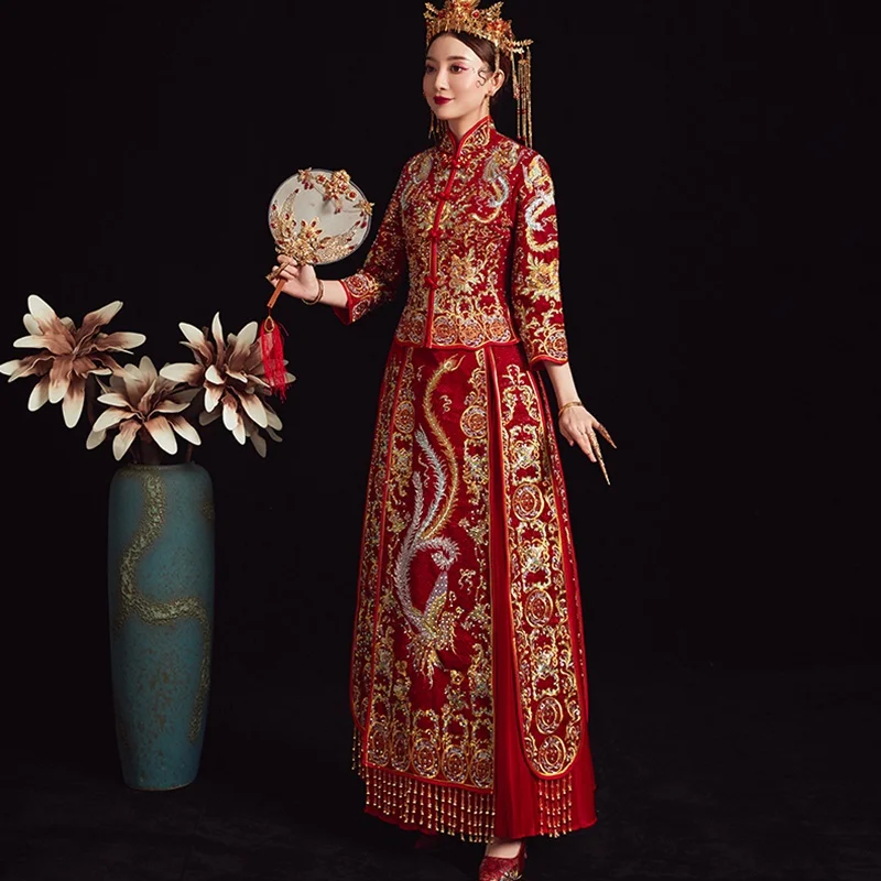 Китайские платья для свадьбы с блестящей вышивкой традиционное китайское платье