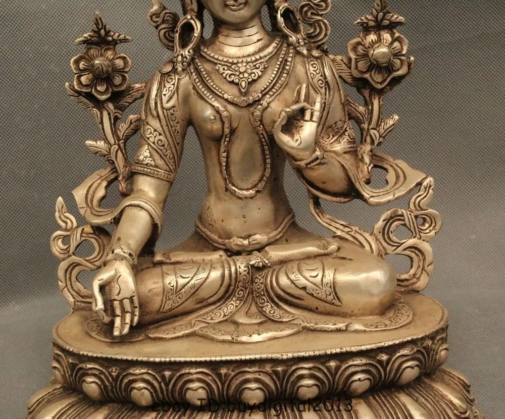 12 &quotКитайский Тибет Старый Серебряный Сиденья Белая Тара Богиня Кван-Инь Статуя