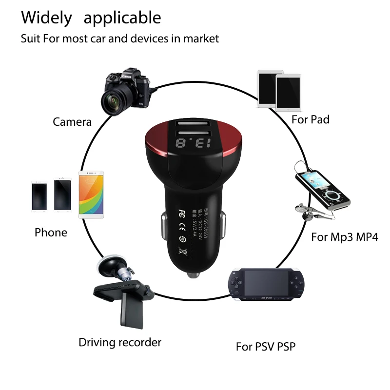 Двойная железная металлическая зарядка для автомобиля со светодиодным дисплеем