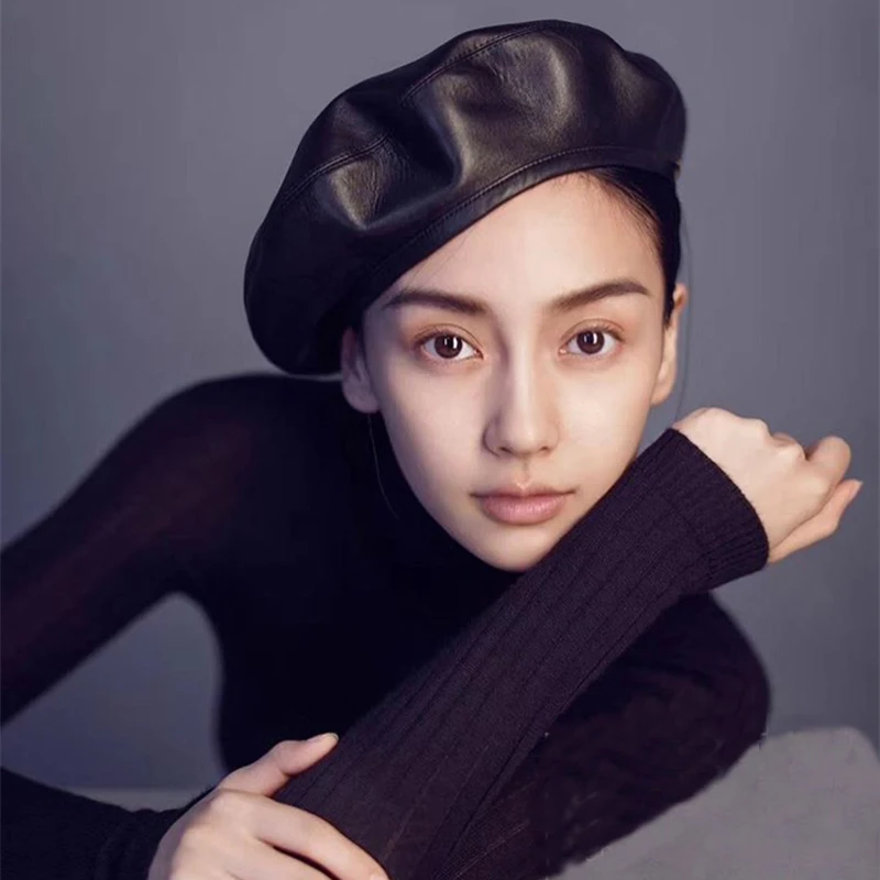 Wholesale genuine leather european America style female hat lambskin Hat Beret Jazz Hip Hop artist sheepskin | Аксессуары для