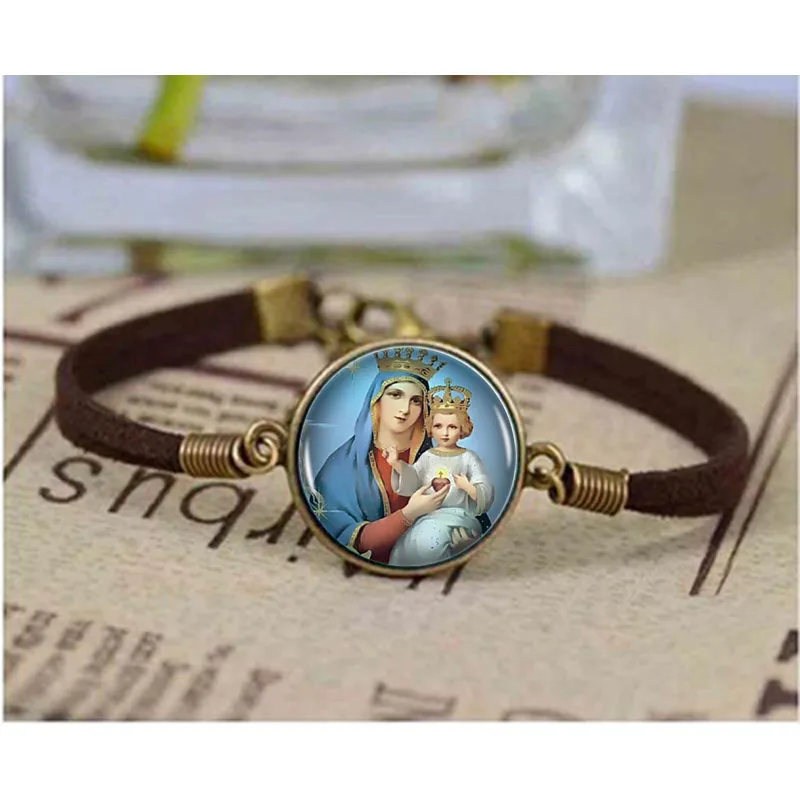 Браслет с кабошоном Дева Мария длинный серебристый винтажный изящный браслет