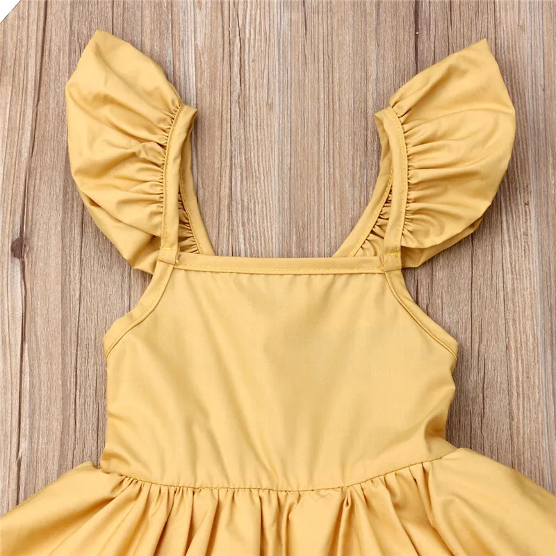 Baby Flower Girl Dress yellow flying sleeve strap Lace Tulle Party Gown Princess Wedding Bridesmaid Birthday | Детская одежда и